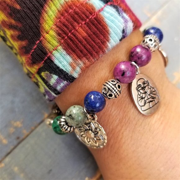 Artisan Hand Crafted Bracelet Stone Beads Buddha Lotus Flower Sunburst Charms - Picture 6 of 8